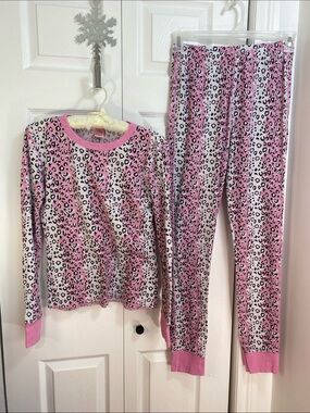 Body Candy Waffle Weave 2 Piece Pajama Set, Pink Leopard Print, M-L